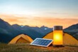 © Wanida - Solar-powered lantern illuminated at sunset with camping tents in the background showcasing green outdoor energy solutions and adventure lifestyle.