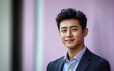 Asian man with a smile on his face is wearing a suit and a shirt in studio office background