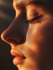 Aufkleber - A serene close-up of a meditating individual in soft natural light captures a tranquil expression, symbolizing profound focus and inner clarity.