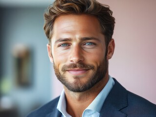 Confident businessman with a suit and a smile in a office background, He looking at the camera