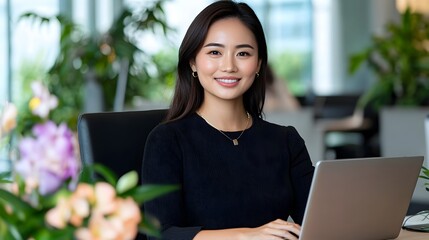 Poster - Hardworking Asian Female Professional Deeply Engaged with Laptop While Working Diligently at Her Stylish Corporate Desk in a Contemporary Office Setting