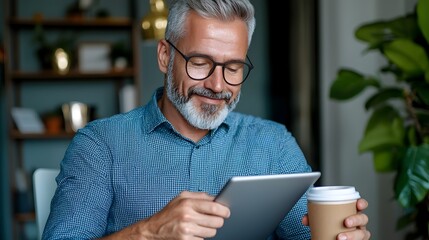 Fototapete - Relaxed and Content Businessman in Smart Casual Attire Using Tablet While Having Coffee Break at His Tidy Office Desk Portraying a Productive and Happy Workday