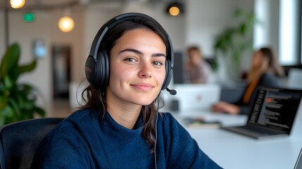 Leinwandbilder - Young Businesswoman Participating in Online Video Conference Call from Remote Workstation Wearing Headset and Using Laptop in Sleek White Office Environment