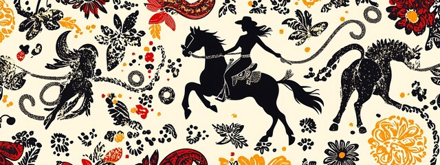 Canvas Print - Seamless pattern with cowgirl, horses, flowers.