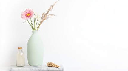 Wall Mural - A simple arrangement of flowers in a pastel vase, accompanied by a small bottle and a natural sponge, set against a clean white background.