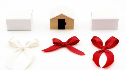 Wall Mural - A minimalistic arrangement of gift boxes and ribbons beside a small wooden house, symbolizing celebration and home.