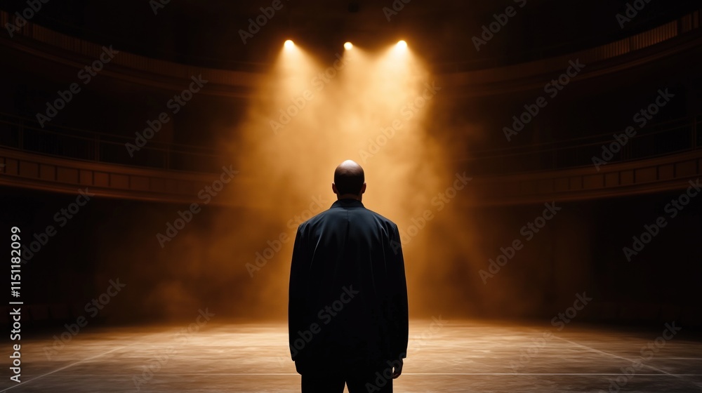lone figure faces the audience under a spotlight on an empty stage ...
