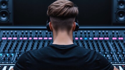 young man focuses intently on a large sound mixing console, wearing headphones while adjusting various controls in a contemporary audio production environment