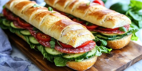 Delicious long ciabatta sandwiches filled with crisp lettuce, ripe tomatoes, crunchy cucumber, savory ham, flavorful salami, and rich cheese, perfect for lunch or a quick snack. Enjoy these ciabatta