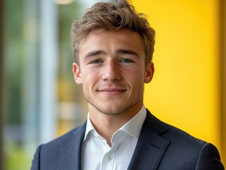 Confident businessman with a suit and a smile in a office background, He looking at the camera