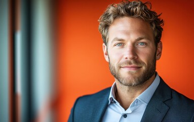 Confident businessman with a suit and a smile in a office background, He looking at the camera