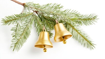 Wall Mural - Two golden bells hang from a green pine branch, creating a festive and elegant holiday decoration.