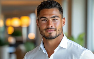 Confident businessman with a suit and a smile in a office background, He looking at the camera