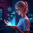 © AIU - デジタルマーケティングホログラムの3Dレンダリング、デジタルマーケティング分野の成長と革新を象徴する、グラフやチャート、近未来ビジネスシーン、3D rendering of a digital marketing hologram,Graphs, charts, and near-future business scenes that symbolize growth and innovati