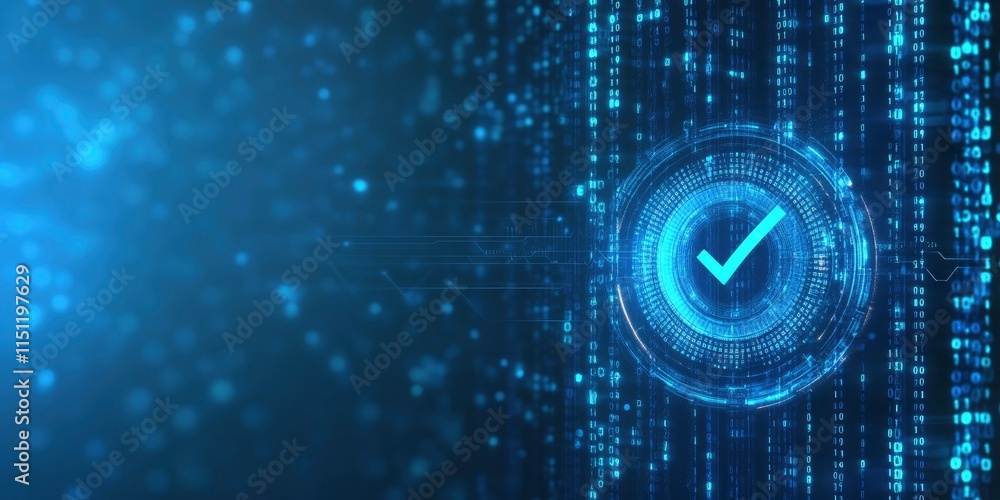Digital technology background with a checkmark icon in a circle and ...