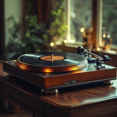 Wall Mural - Vintage turntable plays vinyl record on wooden table.