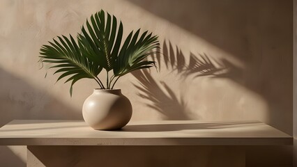 Modern empty pastel brown concrete counter table top in sunlight, palm leaf shadow on stucco texture wall for luxury organic cosmetic Generative AI