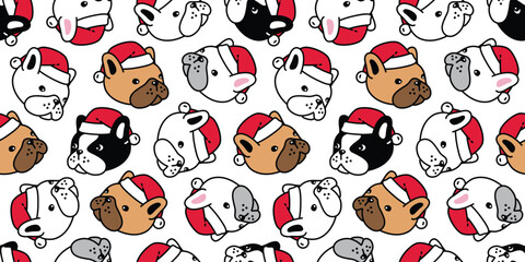 dog seamless pattern french bulldog santa claus hat christmas vector cartoon puppy breed head face pet doodle tile background gift wrapping paper repeat wallpaper illustration scarf isolated design