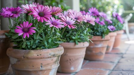 Wall Mural - Vibrant Purple Osteospermum Flowers in Terracotta Pots