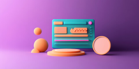 Colorful 3D shapes and interface elements on purple background
