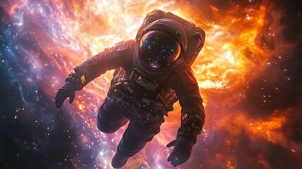 An astronaut floating in a surreal quantum field, surrounded by shimmering energy waves, vibrant colors shifting and glowing, light bending and refracting around them,