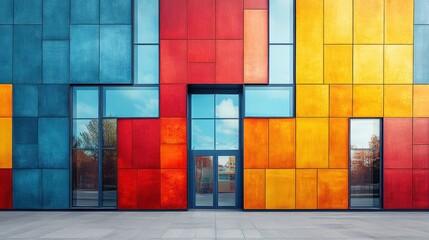 Wall Mural - Colorful building facade, geometric panels, glass windows.