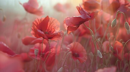 Wall Mural - Serene Poppy Field at Dawn: A Symphony of Red