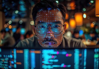 Asian male programmer in glasses, sitting at his desk with the computer screen glowing blue and purple light illuminating him from behind