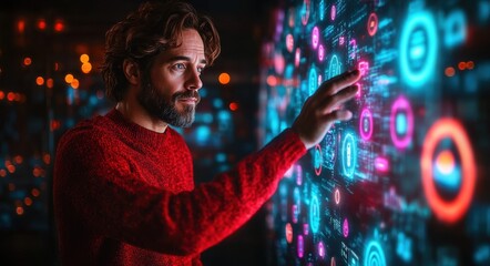 Poster - man in a red sweater, touching an interactive screen with glowing lines and shapes. The background is dark