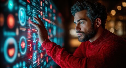 Poster - man in a red sweater, touching an interactive screen with glowing lines and shapes. The background is dark