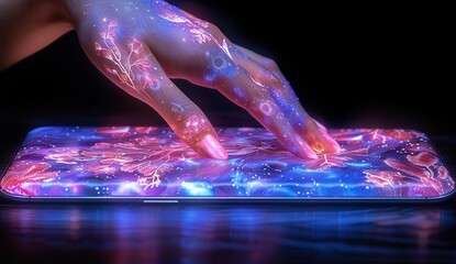 Poster - hand touching a smartphone screen with holographic elements, in a purple and blue color theme