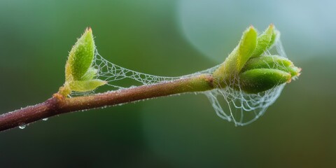 Plant bud growing beautifully entwined with a delicate spider web, showcasing the intricate connection between nature s growth and the artistry of a spider s web. Plant bud captures the essence of