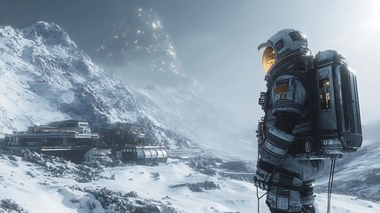 Wall Mural - an astronaut tethered to a space station, glowing sunlight reflecting off the smooth metal surfaces,