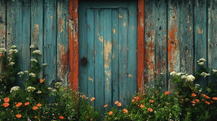 Wall Mural - Weathered teal door, overgrown with flowers.