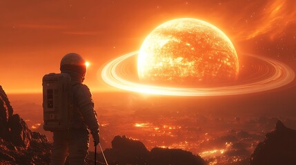Wall Mural - an astronaut tethered to a spacecraft, watching a star set over a gas giant's glowing rings, soft ci