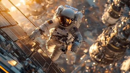 Wall Mural - an astronaut tethered to the edge of a space station, glowing sunlight highlighting the intricate de