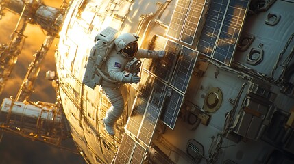 Wall Mural - an astronaut tethered to the edge of a space station, glowing sunlight highlighting the intricate de