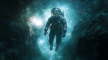 Wall Mural - an astronaut traversing a shimmering stardust bridge, luminous particles floating around, deep space