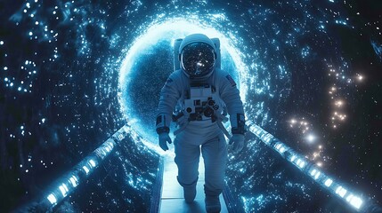 Wall Mural - an astronaut traversing a shimmering stardust bridge, luminous particles floating around, deep space