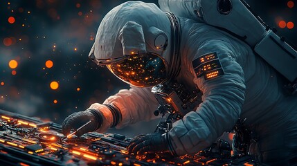 Wall Mural - an astronaut using tools to repair a satellite, stars glowing softly in the background, cinematic li