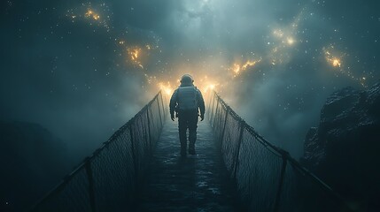 Wall Mural - an astronaut walking across a delicate bridge of radiant stardust, illuminated by the faint glow of 