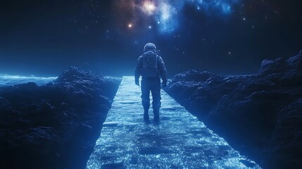 Wall Mural - an astronaut walking across a delicate bridge of radiant stardust, illuminated by the faint glow of 