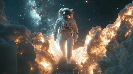 Wall Mural - an astronaut walking along a celestial bridge of glowing stardust, soft light casting subtle highlig