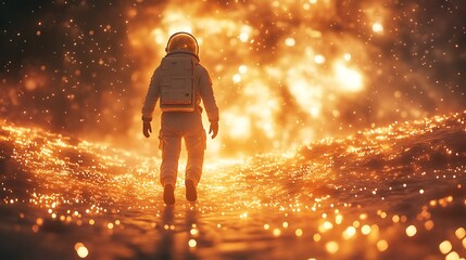 Wall Mural - an astronaut walking along a celestial bridge of glowing stardust, soft light casting subtle highlig