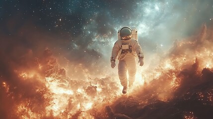 Wall Mural - an astronaut walking along a celestial bridge of glowing stardust, soft light casting subtle highlig