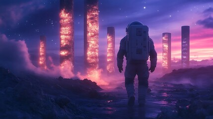 Wall Mural - an astronaut walking along a pathway lined with glowing alien pillars, the twilight sky blending dee