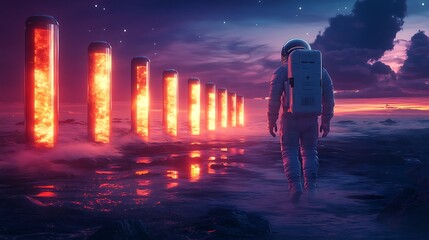 Wall Mural - an astronaut walking along a pathway lined with glowing alien pillars, the twilight sky blending dee