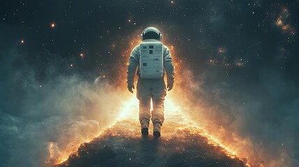 Wall Mural - an astronaut walking on a stardust bridge, its glowing edges blending seamlessly with the vast void 