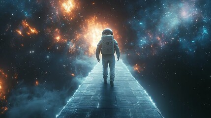 Wall Mural - an astronaut walking on a stardust bridge, its glowing edges blending seamlessly with the vast void 
