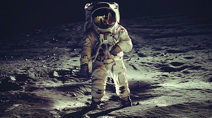 Wall Mural - an astronaut walking on the moon, the surface bathed in soft shadows and stark sunlight, earth loomi
